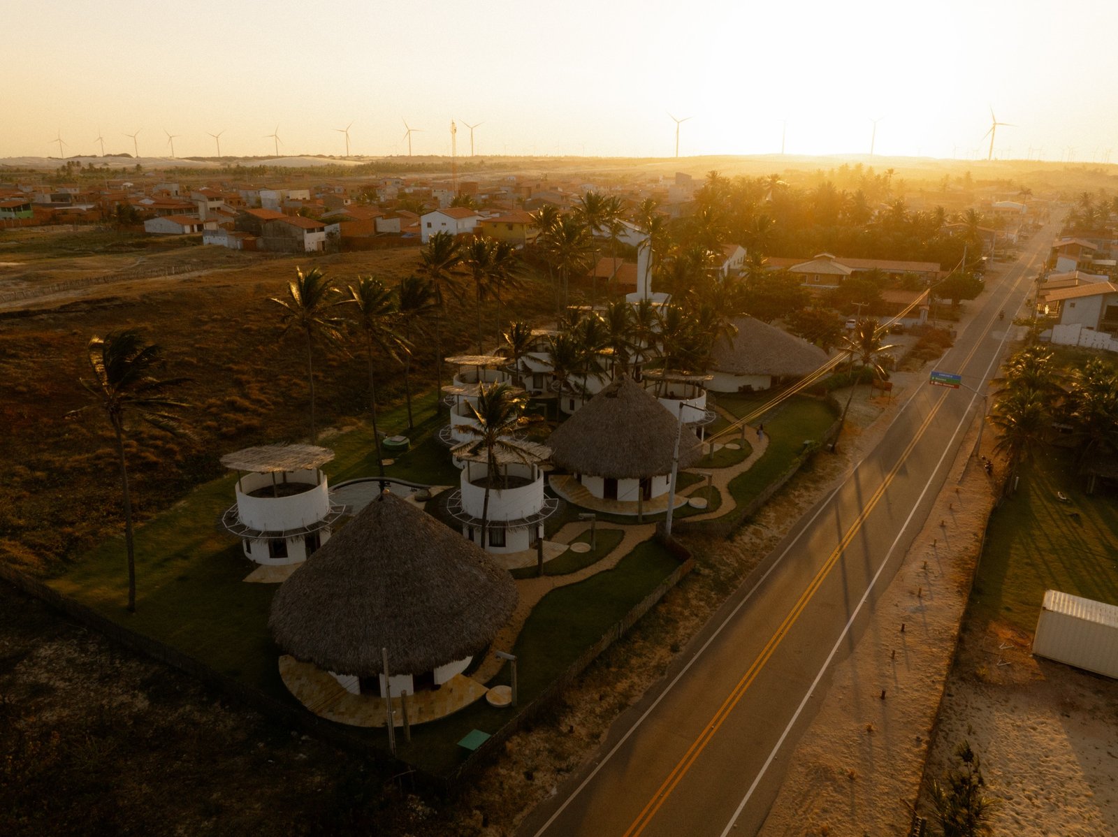 Aerial view of the coastline south of Emboaca at golden hour
