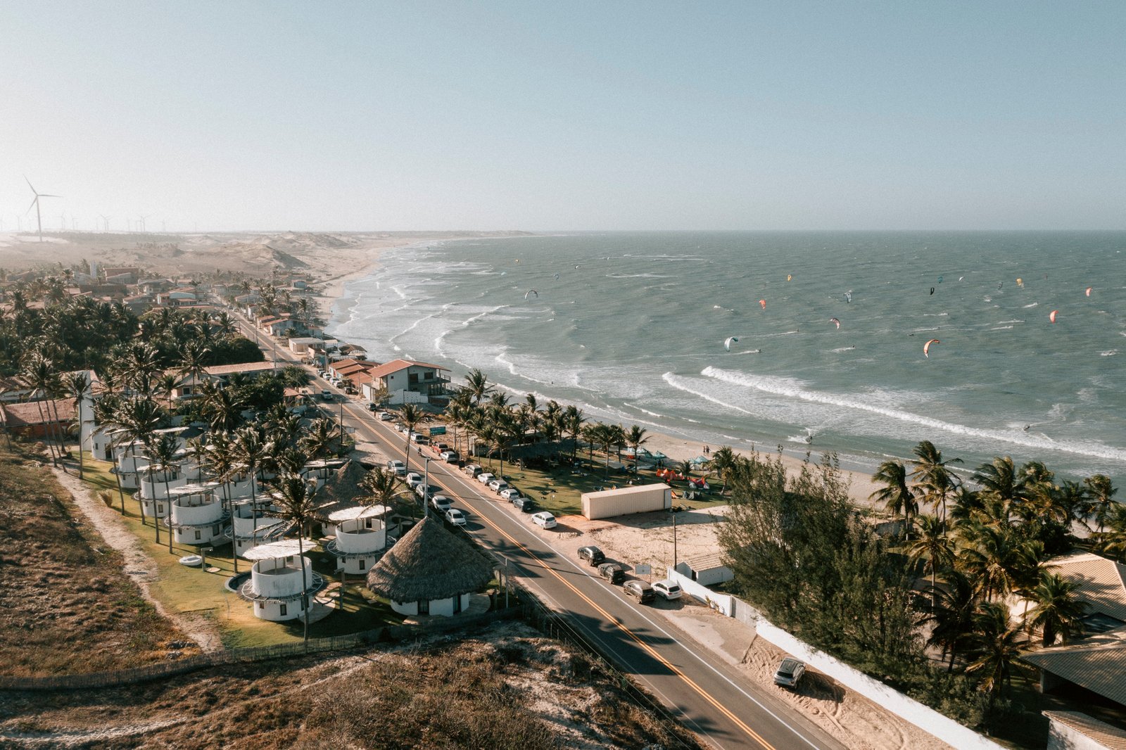 The coastal road to Emboaca lined with palms, seen from above